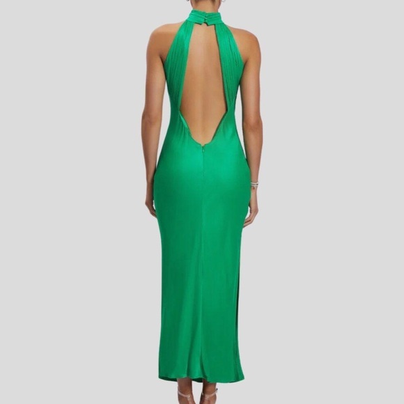 Meshki Claire Green Satin Drape Back Maxi Dress with Split - Picture 4 of 11